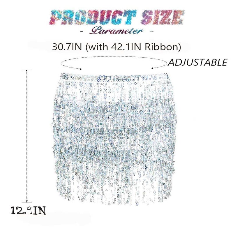 REETAN Fringe Sequin Skirt Belly Dance Mardi Gras Sparkly Rave Skirts for Women (A-Silver) - Image 2